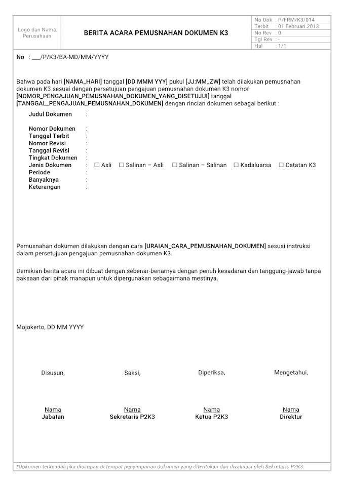 Format Berita Acara Pemusnahan Dokumen K3