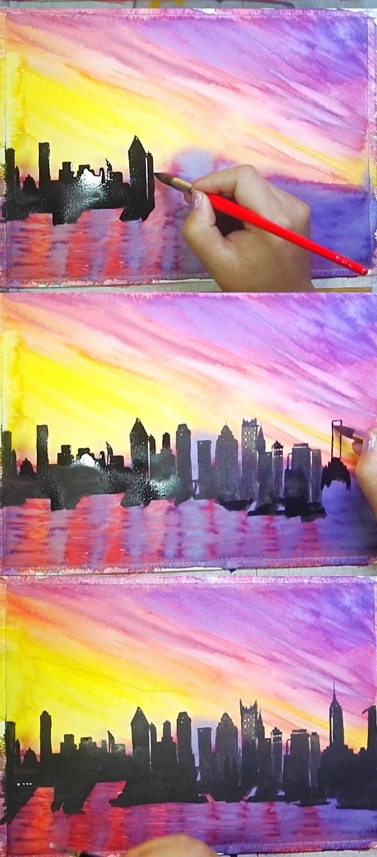 How to draw watercolor city sunset tutorial