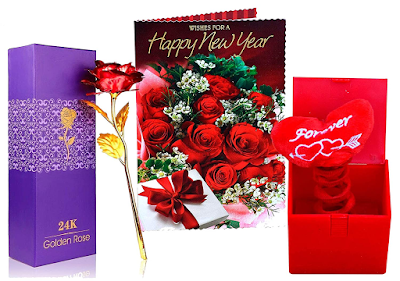 Natali New Year Gift for Wife-Artificial Golden Red Rose-Musical I Love You Box-New Year Greeting Card