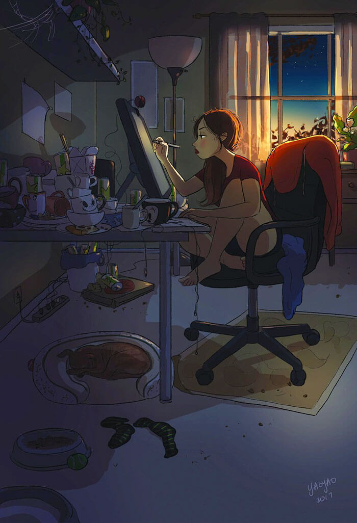 20 Beautiful Illustrations That Show What's Like To Live Alone - Working Whenever You Feel Like It