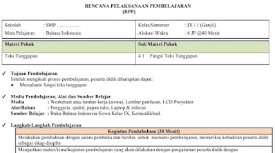Download RPP Satu Lembar Bahasa Indonesia Teks Tanggapan