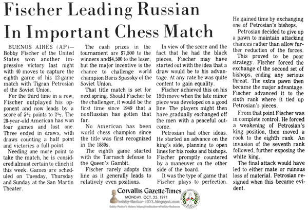 Fischer Leading Russian In Important Chess Match