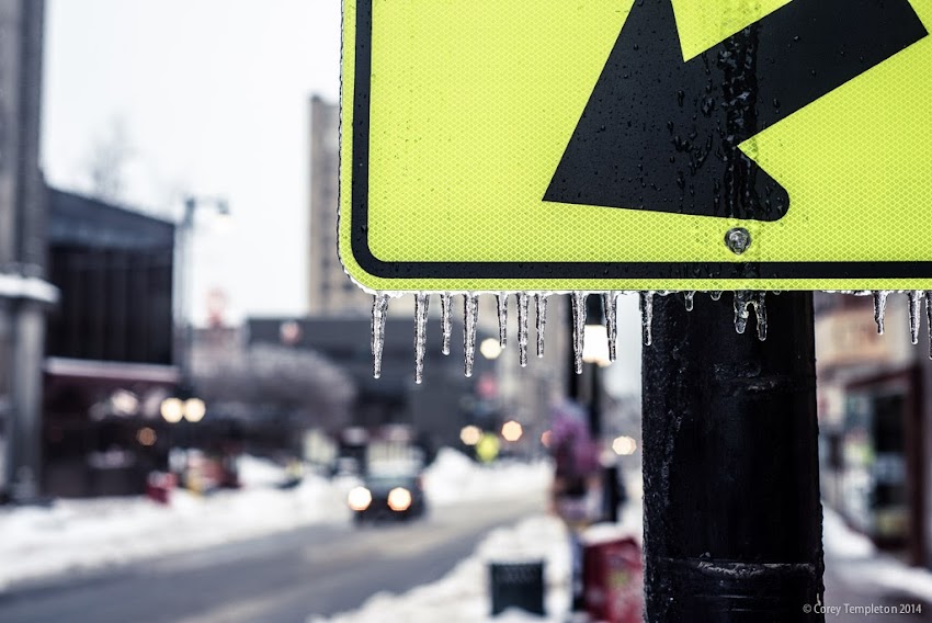 Portland, Maine Winter Ice on Yellow Sign on Congress Street photo by Corey Templeton