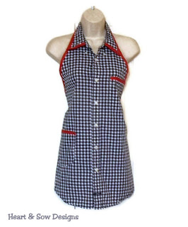 Heart And Sow Designs Retro Halter Apron Blue Checked Shirt Upcycled Hostess Gift