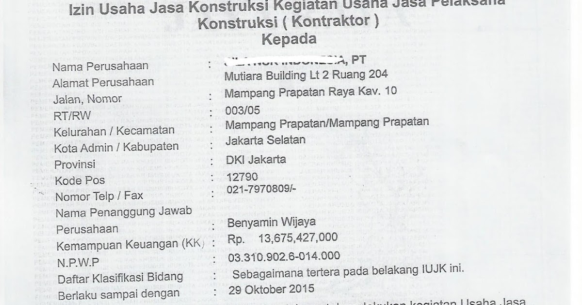 Perijinan Usaha: SIUJK/IUJK (Surat Ijin Usaha Jasa Konstruksi)