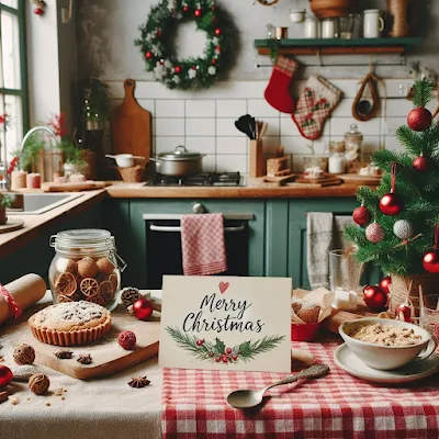 Auf dem Bild ist eine Küche mit vielen Utensilien zu sehen. Einem Schild mit der Aufschrift "Merry Christmas".
