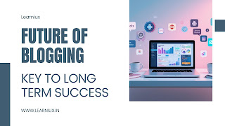 A 3D-style blogging workspace showing a laptop with analytics dashboards, digital icons for SEO, AI, and monetization, used as a thumbnail for the article "The Future of Blogging" on Learniux.