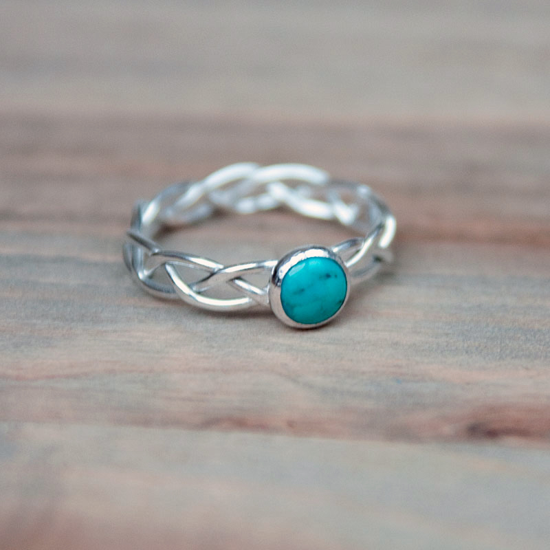 Braided Silver Ring Set With Turquoise Cabochon 6mm