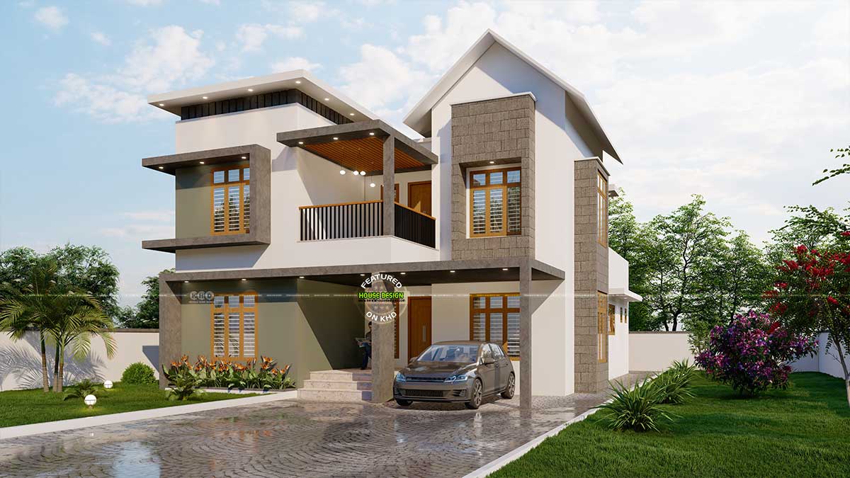 Exterior view of the 5-bedroom mixed roof house in Chengalayi, Kerala, showcasing the elegant pale green and white color combination with stone cladding on the first floor