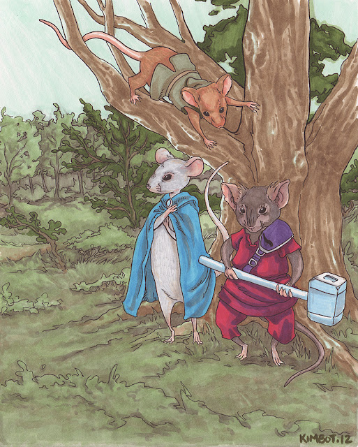 Three mice gathered at a tree wearing rpg fantasy clothing. They're ready for an adventure!