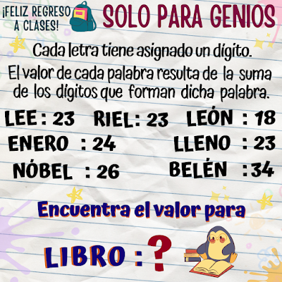 De Vuelta a Clases, De Regreso a Clases, De Vuelta al Cole, Desafíos matemáticos, Retos matemáticos, Problemas matemáticos, Retos mentales, Juegos mentales, Juegos educativos, Retos Virales, Juegos de Palabras, Solo para Genios, Descubre el número