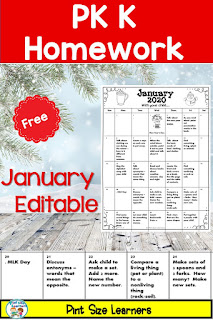 Homework Calendar PK/K EDITABLE January 2020 Free If you want more meaningful “homework” for your PK or Kindergarten students, this freebie January Parental Involvement Calendar is for you.  Students and their families will have fun doing activities such as:  • Find 2 toys that are the same shapes  • Find something living. (plant or animal)  • Let your child do something to earn money.