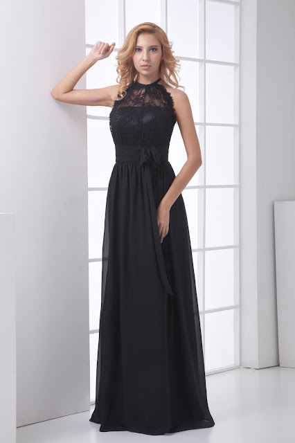Halter Lace Long Black Bridesmaid dresses