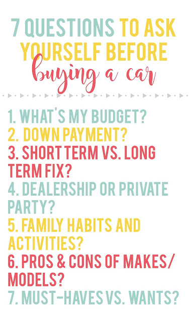 These 7 questions were so helpful to ask ourselves when we were getting ready to buy our car!  Plus there are some other awesome tips for saving money on your purchase!