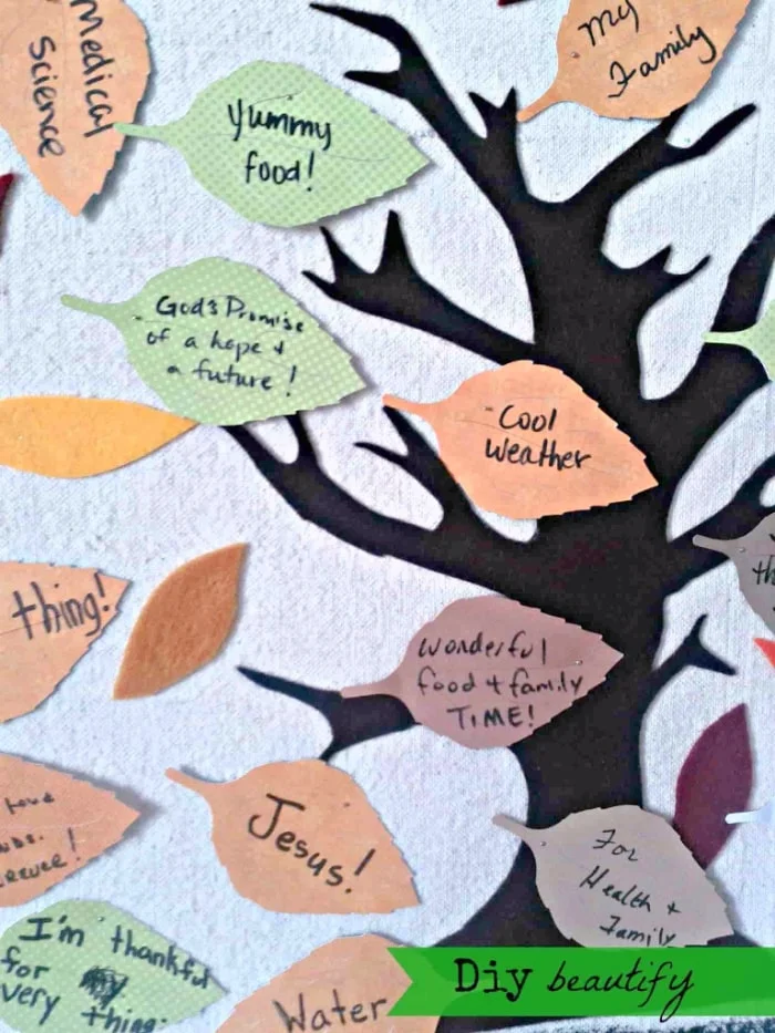 paper leaves pinned to tree, with gratitude sayings