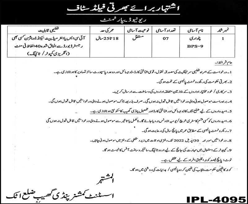 Latest Revenue Department Management Posts Attock 2022