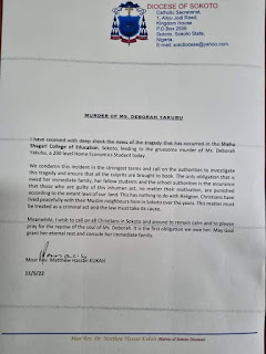 Bishop Hassan Kukah of Sokoto Diocese circulated a letter condemning the barbaric act of students beating Ms. Debirah Emmanuel to death