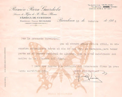 Certificado solicitado por Àngel Ribera a su empresa para poder participar en el Torneo Nacional de Ajedrez Fiestas del Pilar Zaragoza 1942