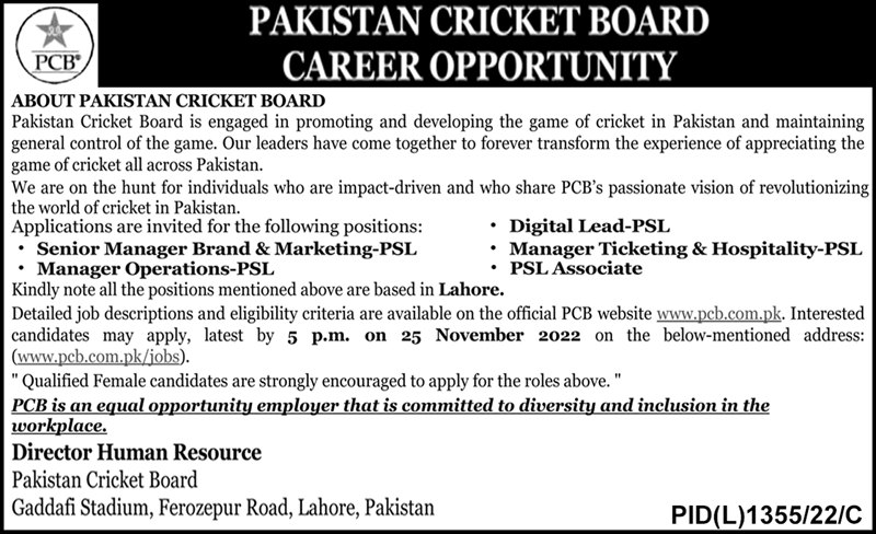 Latest Pakistan Cricket Board PCB Management Posts Lahore 2022