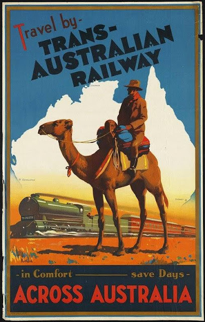 Anunci dels ferrocarrils australians amb el dibuix d'un camell