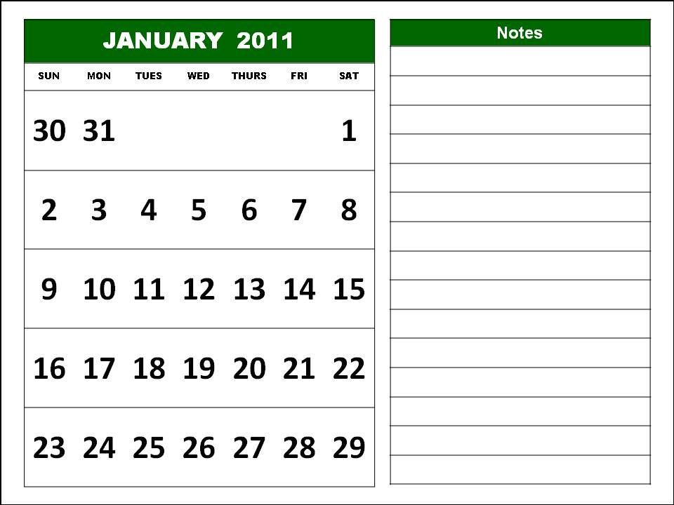 Free Homemade Calendar 2011 January with notes