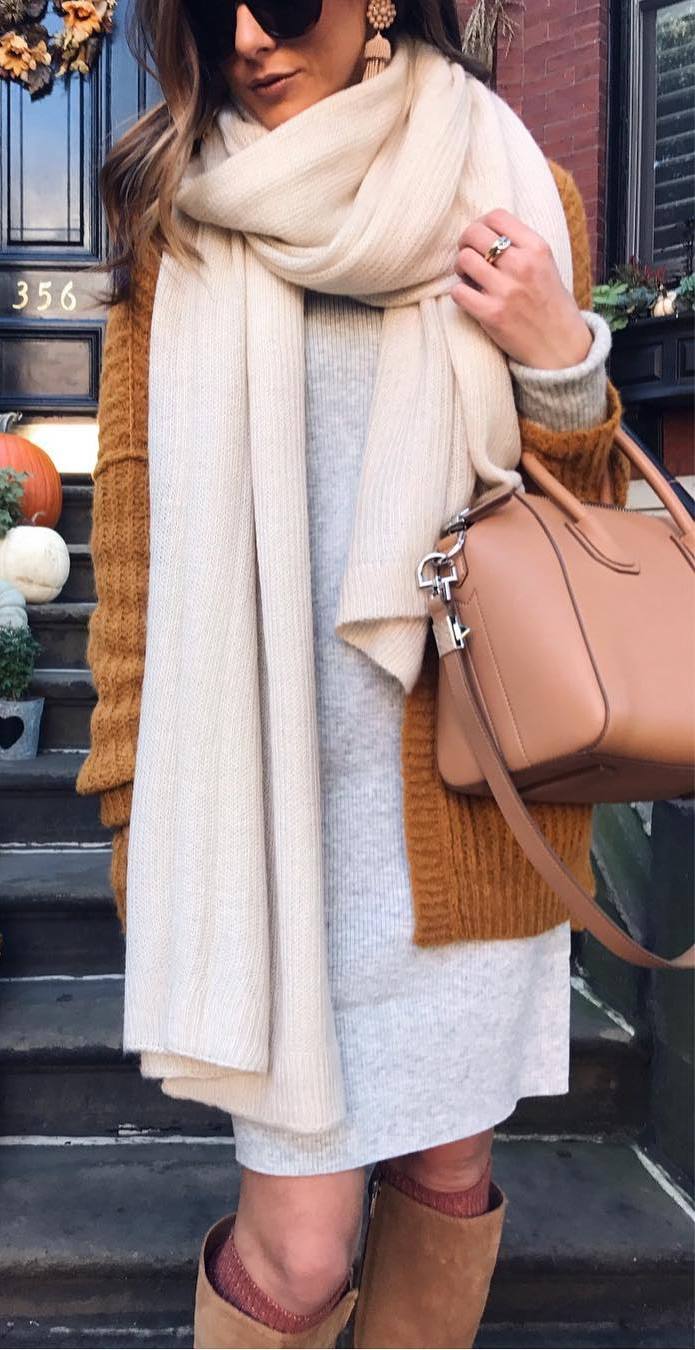 what to wear with a knit scarf : bag + knit cardi + grey sweaterdress + high boots