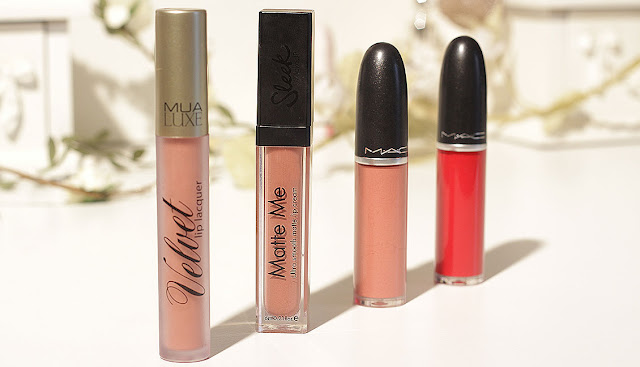 row of different liquid lipsticks including mua sleek mac