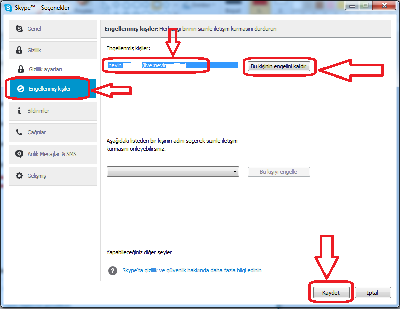 skype kişi engelleme kaldırma