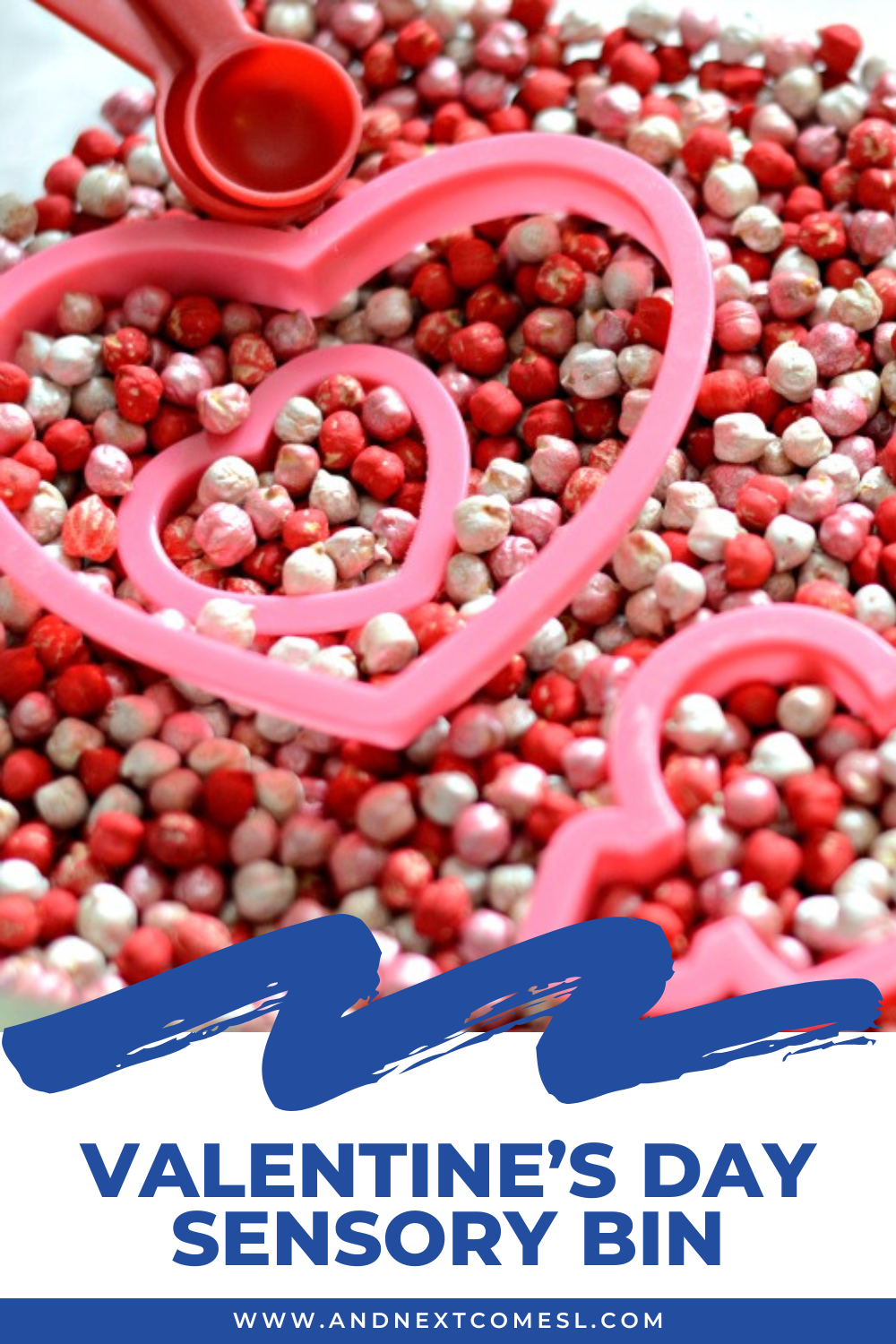 Valentine's Day sensory bin with dyed chickpeas