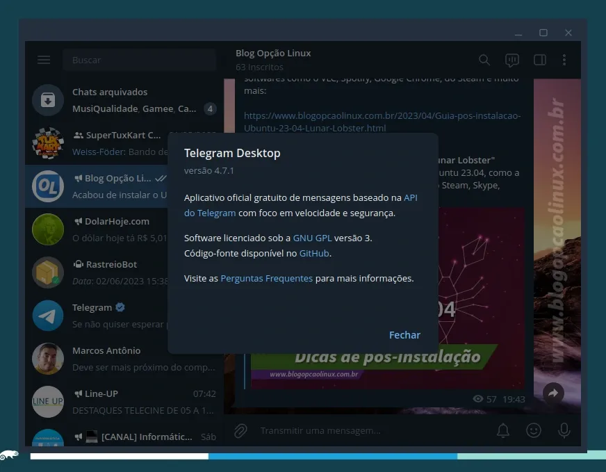 Telegram executando no openSUSE Leap 15.5