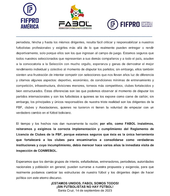 Comunicado de FABOL sobre la situación del futbol boliviano