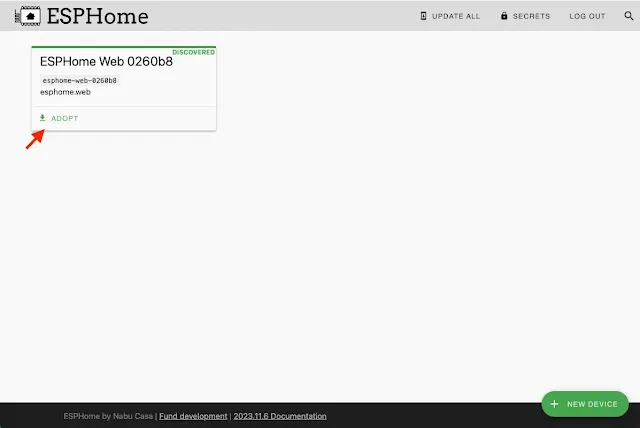 ESPHome Dashboard shows a new ESPHome device ready to adopt.