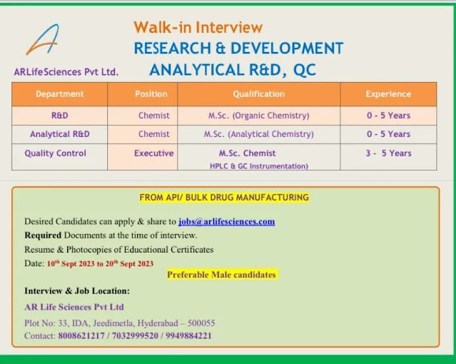 AR Life Sciences Walk In Interview For Fresher and Experienced in R&D/ Analytical R&D/ QC