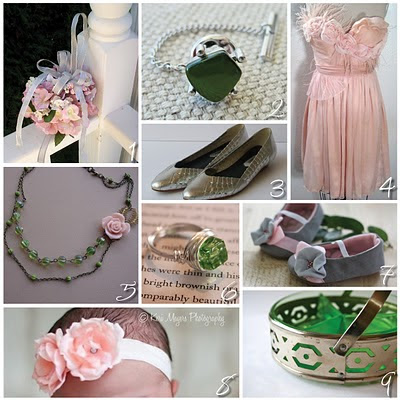Etsy Wedding Green Glass Pale Pink Shiny Silver