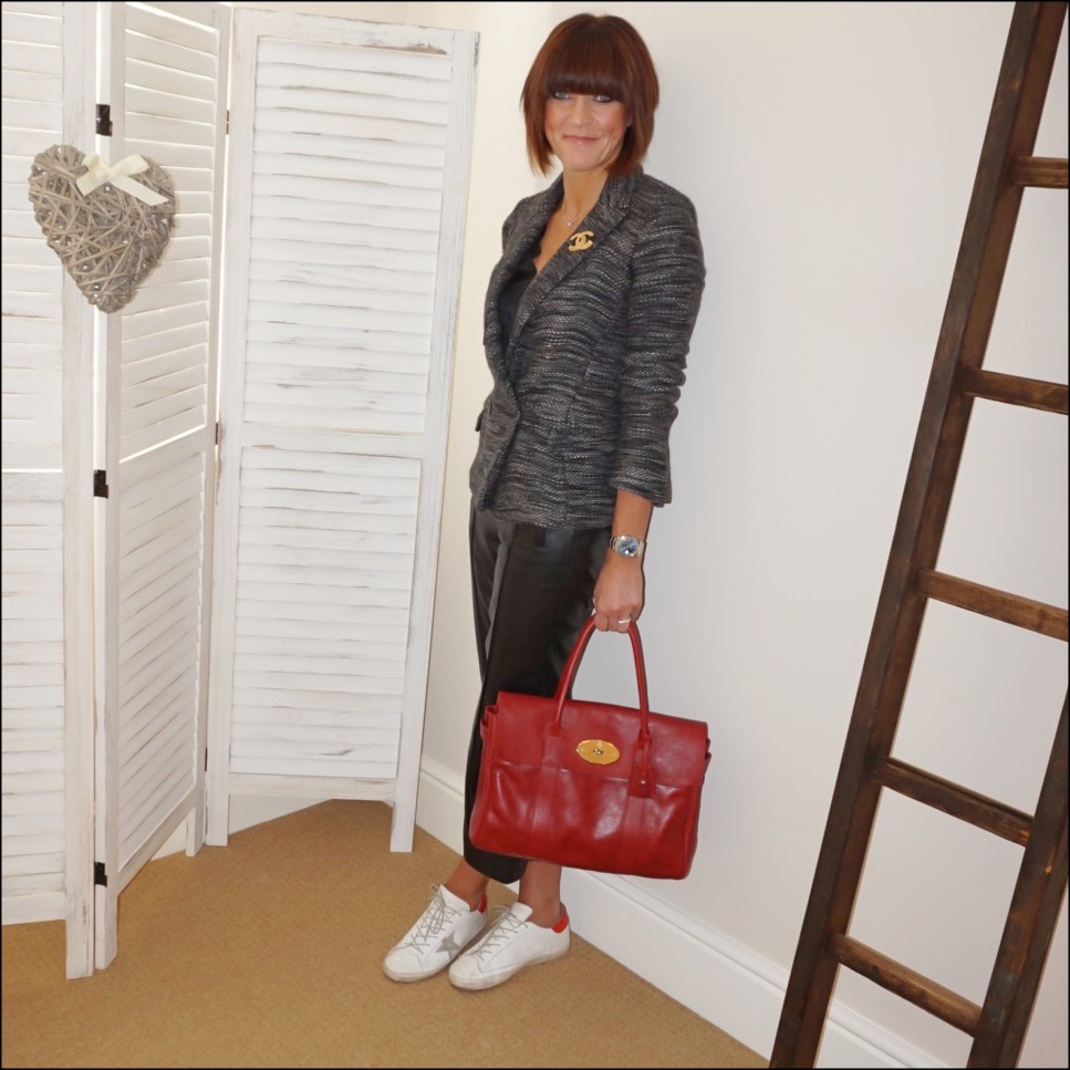 my midlife fashion, isabel marant etoile knitted double breasted jacket, marks and spencer v neck silk sleeveless top, marks and spencer leather straight leg trousers, mulberry bayswater bag, golden goose superstar low top leather trainers, chanel vintage brooch