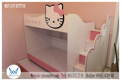 Giường 3 tầng Hello Kitty dành cho phòng ngủ diện tích nhỏ của các con gái yêu của Bố Mẹ