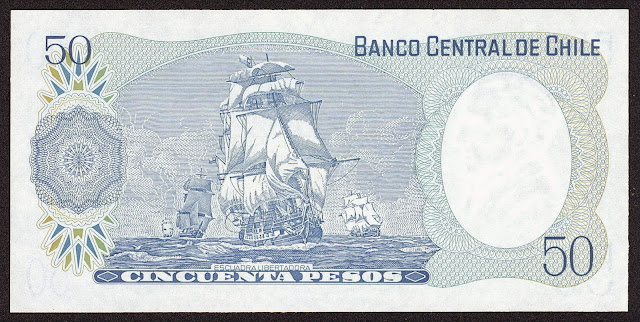 Chilean money currency 50 Pesos banknote 1981 Liberation Fleet in 1820 under command of Lord Admiral Thomas Cochrane