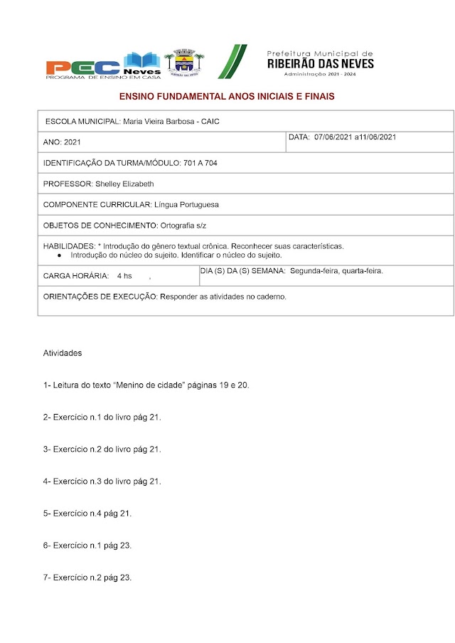 Português 701 a 704 - semana 07/06/2021 a 11/06/2021