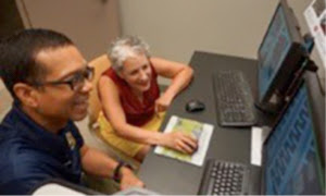 Teachers using scanning electron microscope