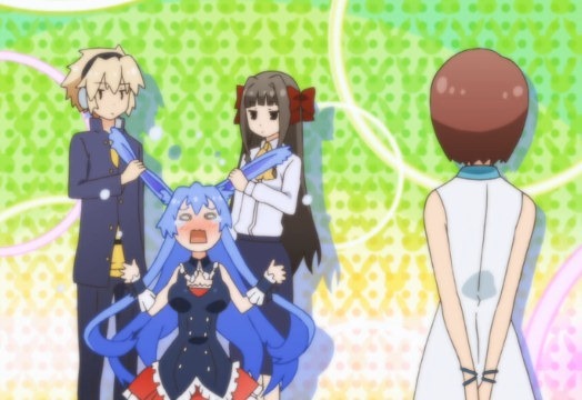 Izayoi and Asuka comically tug on Black Rabbit's ears while You watches with back turned to the viewer