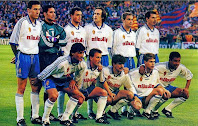 REAL ZARAGOZA - Zaragoza, España - Temporada 1997-98 - Aguado, Juanmi, Luis Helguera, Miguel Soler, Jamelli y Solana; Acuña, Belsúe, Marcos Vales, Radimov y Gilmar - F. C. BARCELONA 1 (Giovanni), REAL ZARAGOZA 0 - 18/04/1998 - Liga de 1ª División, jornada 34 - Barcelona, Nou Camp - El REAL ZARAGOZA, entrenado por Luis Costa, se clasificó 13º en la Liga 97-98 de 1ª División