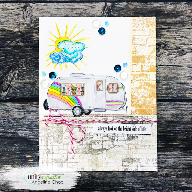 ScrappyScrappy: Week 2 of Unity Stamp Birthday Party - Adventure to the bright side #scrappyscrappy #unitystampco #card #cardmaking #youtube #quicktipvideo #adventuretothebrightside #campervan #brutusmonroe #backgroundstamps #coloredpencil #trendytwine #unitysequins