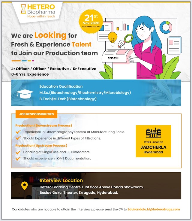 Hetero Biopharma | Hiring Freshers and Experienced in Production at Jadcharla | Send CV