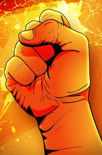 Fist in defiance with orange and yellow background