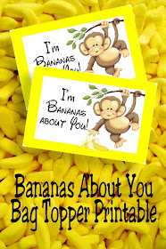 I'm Bananas About You! This free printable bag topper will show you how much this Valentine's day.  Simply print off the bag topper, add some candy bananas or dried bananas slices to a bag, and then add your To and From to the back for an easy class valentine perfect for boys or girls. #classvalentine #bagtopper #monkey #candybanana #diypartymomblog