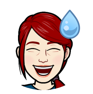 Cartoon - Bitmoji - version of me. I have red hair pulled in a ponytail that sweeps over the one shoulder. My hair is parted over my right eye and swept across my forehead like bangs before getting tucked into the ponytail. Long, loose strands of hair frame the right side of my face. I have a wide, open-mouth smile and my eyes are closed. A large sweat droplet is over my left temple.