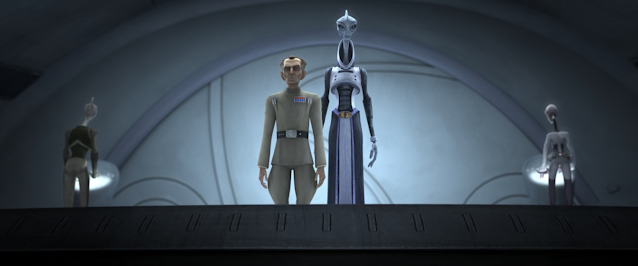 Tarkin and the Prime Minister of Kamino Observe The Bad Batch Fight Star Wars Disney Plus