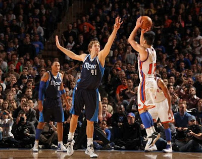 Lin knows when to attempt the 3, like this crucial one he hit over Dirk Nowitzki