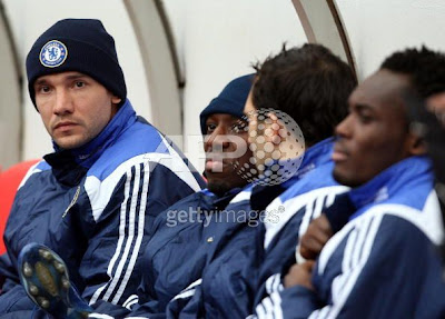 Chelsea's Ukranian forward Andriy Shevchenko sits with substitutes before the Premier league football match at The Sadium Of Light, Sunderland north-east England on March 15, 2008