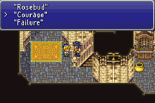 Locke, disguised as a merchant, gives a password to a resident of South Figaro in Final Fantasy VI.